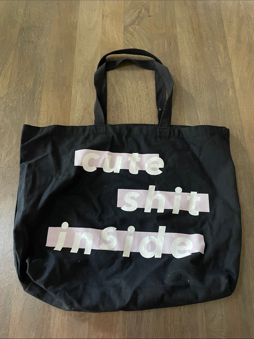 Cute Black Canvas Tote with Shoulder Straps, ‘cute shit inside’ printed on front